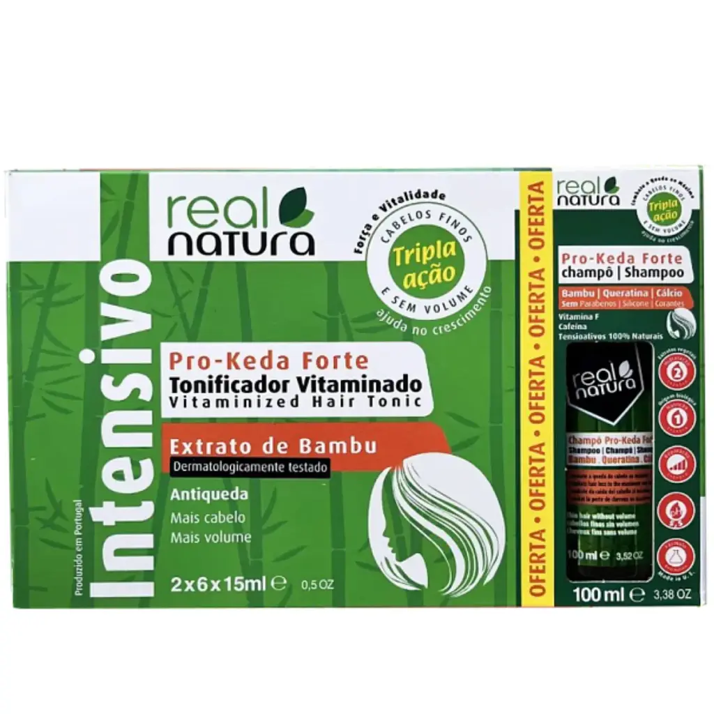 Kit Vitaminado - Pro-Keda Forte - Antiqueda - Extrato de Bambu e Queratina Vegetal' Real Natura 12x15ml + Champô