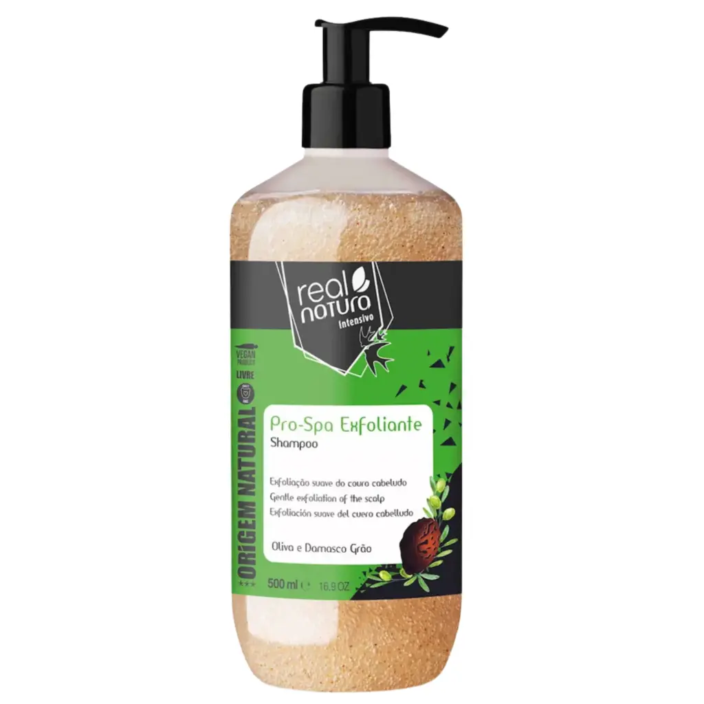 Champô "Pro-Spa Exfoliante - Oliva e Grão de Damasco - Exfoliação Suave do Couro Cabeludo" Real Natura 500ml