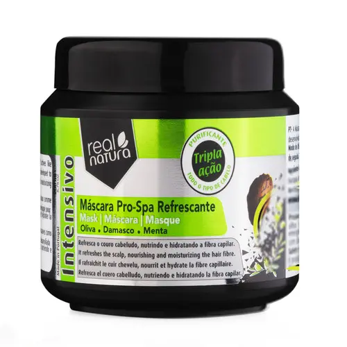 Máscara "Pro-Spa Refrescante - Oliva, Damasco e Menta - Refresca o Couro Cabeludo, Nutrindo e Hidratando a Fibra Capilar." Real Natura 200ml