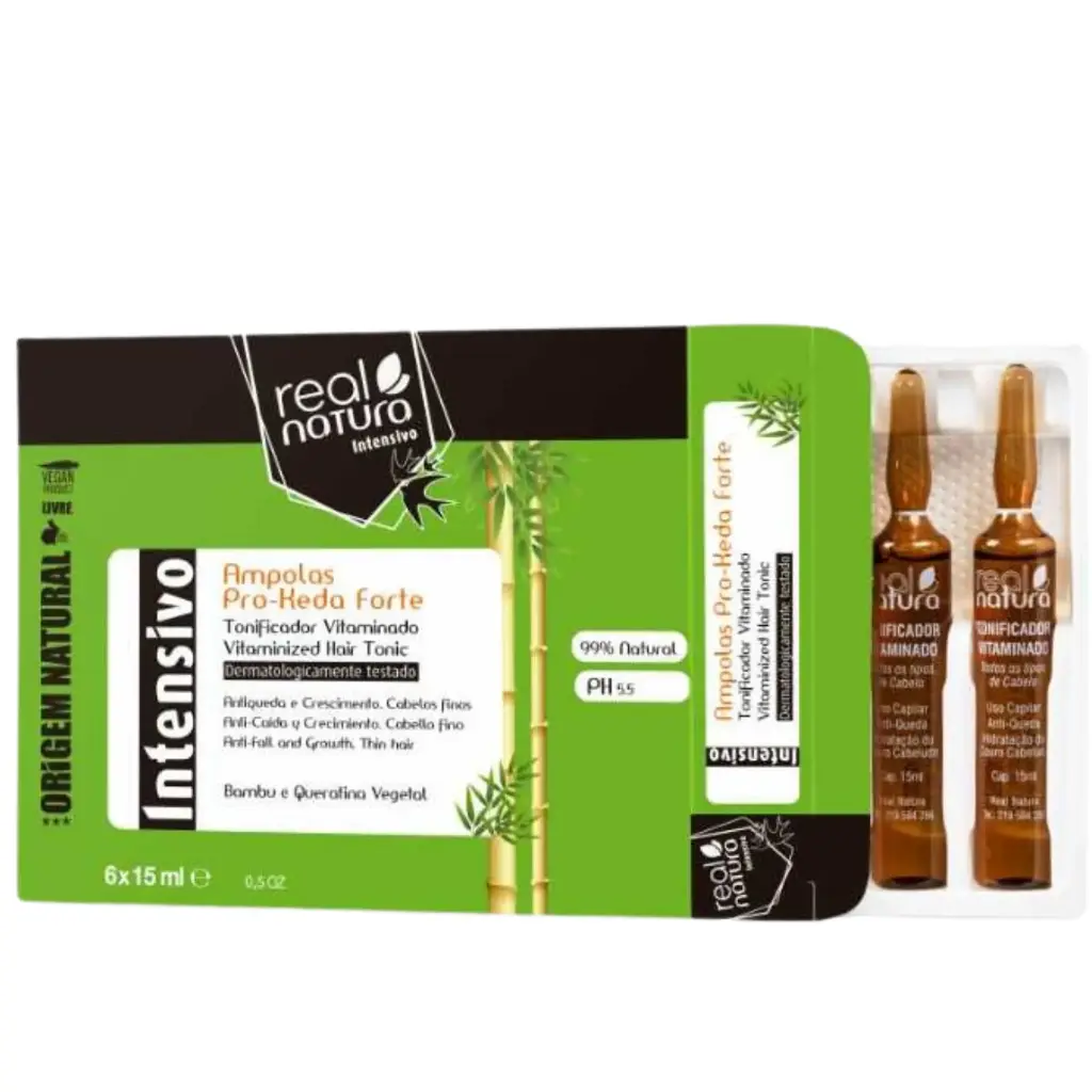 Fortifying Ampoules "Pro-Keda Forte - Bambu e Queratina Vegetal - Antiqueda e Crescimento. Cabelos Finos" Real Natura 6x15ml