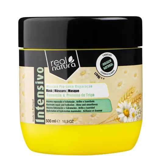 [5600493409257] Máscara de Reparação para Cabelos Loiros - Pro-Loiro Reparação - Camomila e Proteína de Trigo" Real Natura 500ml